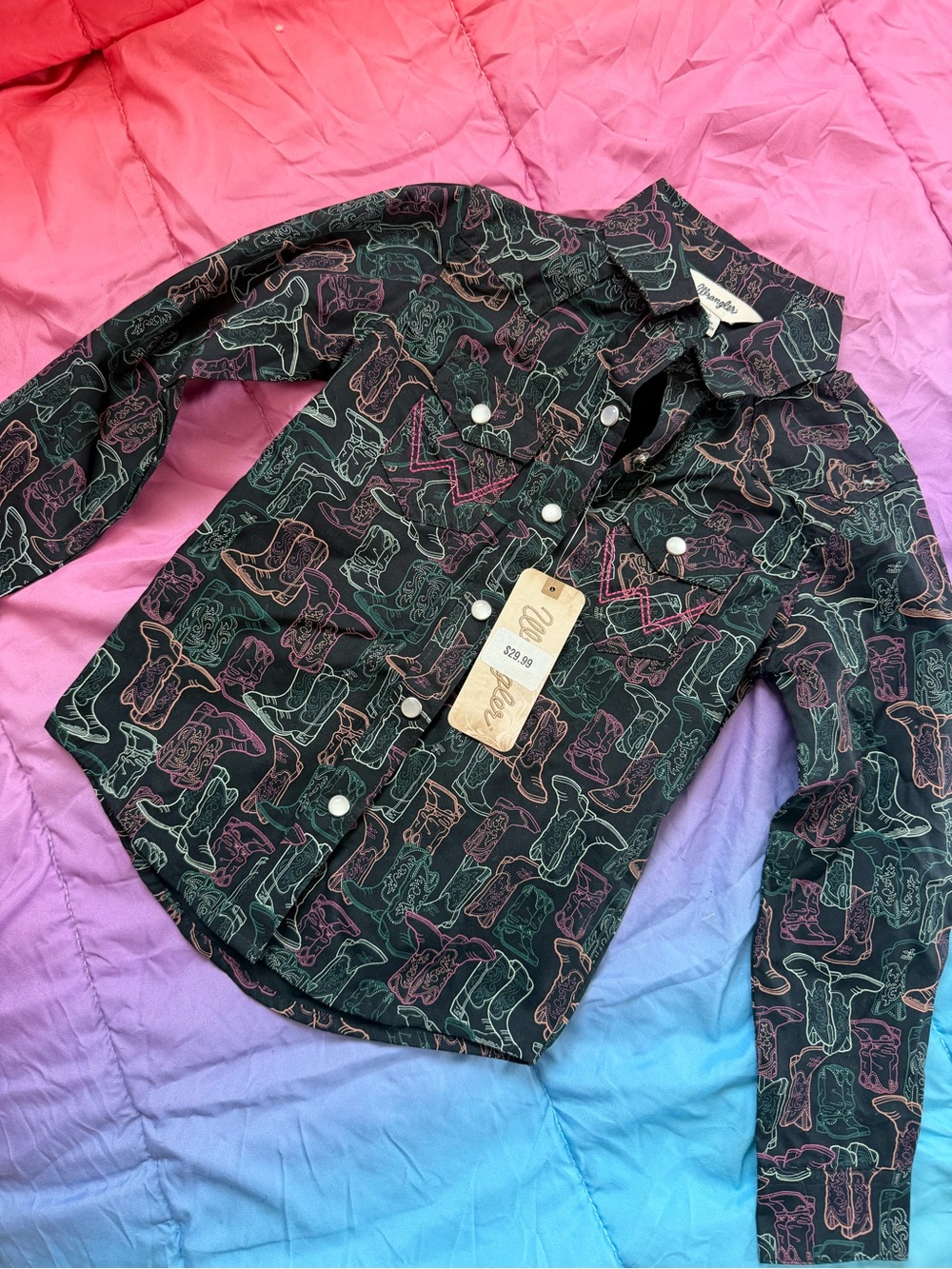 Wrangler Kids Black Western Snap Shirt with Multicolor Boot Outline Print